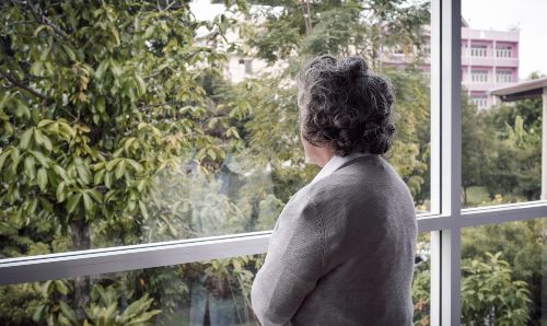 An elderly Asian woman with grey hair looking out the window.