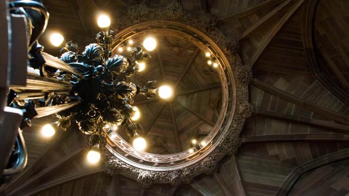 Wooden chandelier and lightbulbs in a library 