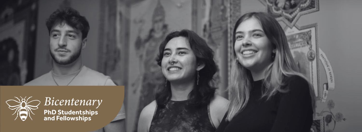 Three young adult students in front of asian art display at Manchester Museum